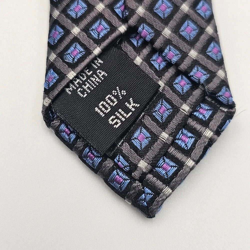 Hickey Freeman Silk‎ Tie Gray Blue Purple Geometric Diamond Square Mens Necktie